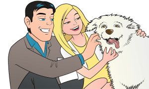 good looking couple playing with dog